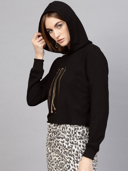 Women's Black Hair Pin Print Crop Hoodie