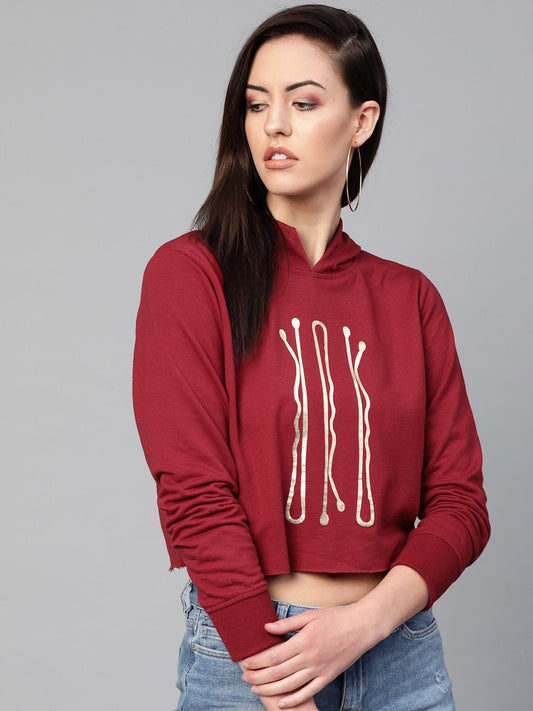 Women's Maroon Hair Pin Print Crop Hoodie