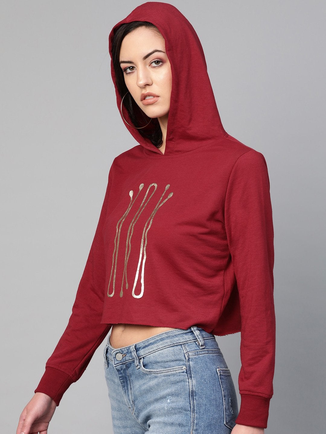 Women's Maroon Hair Pin Print Crop Hoodie
