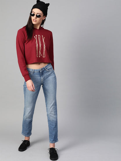 Women's Maroon Hair Pin Print Crop Hoodie
