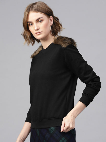 Women's Black Fur Shoulder Patch Sweatshirt