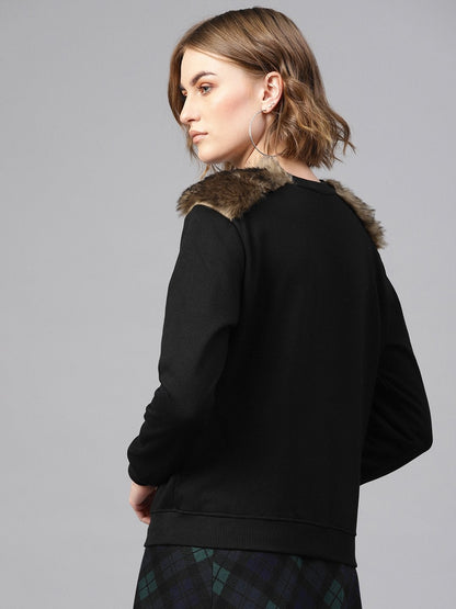 Women's Black Fur Shoulder Patch Sweatshirt
