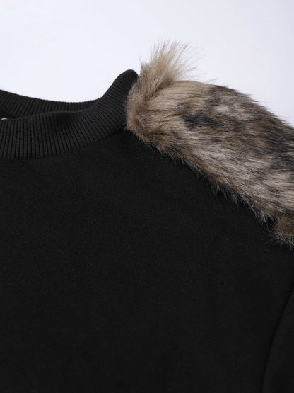Women's Black Fur Shoulder Patch Sweatshirt