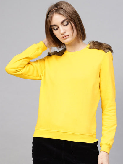 Women's Yellow Fur Shoulder Patch Sweatshirt
