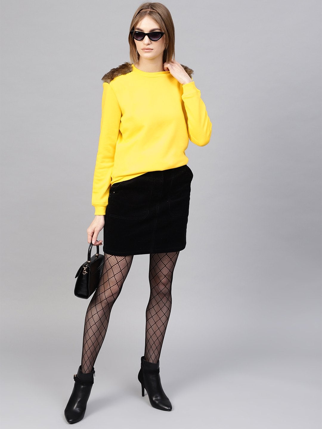 Women's Yellow Fur Shoulder Patch Sweatshirt