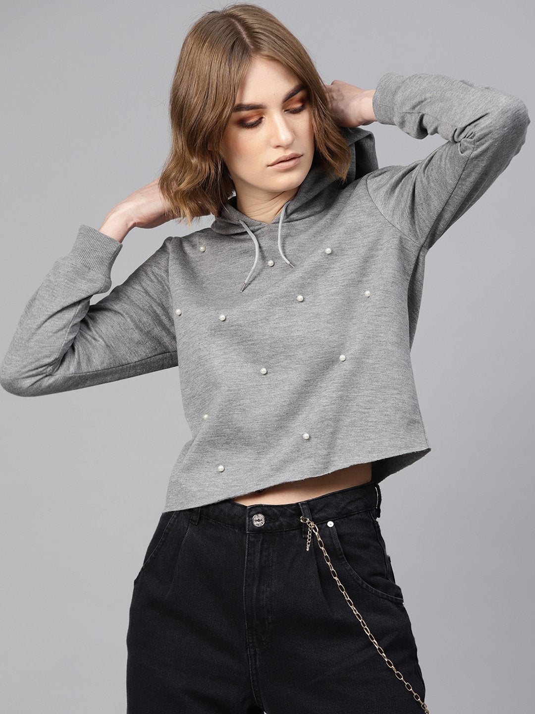 Women's Grey Pearl Crop Hoodie