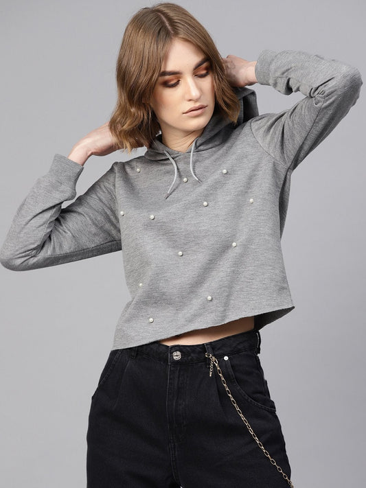 Women's Grey Pearl Crop Hoodie