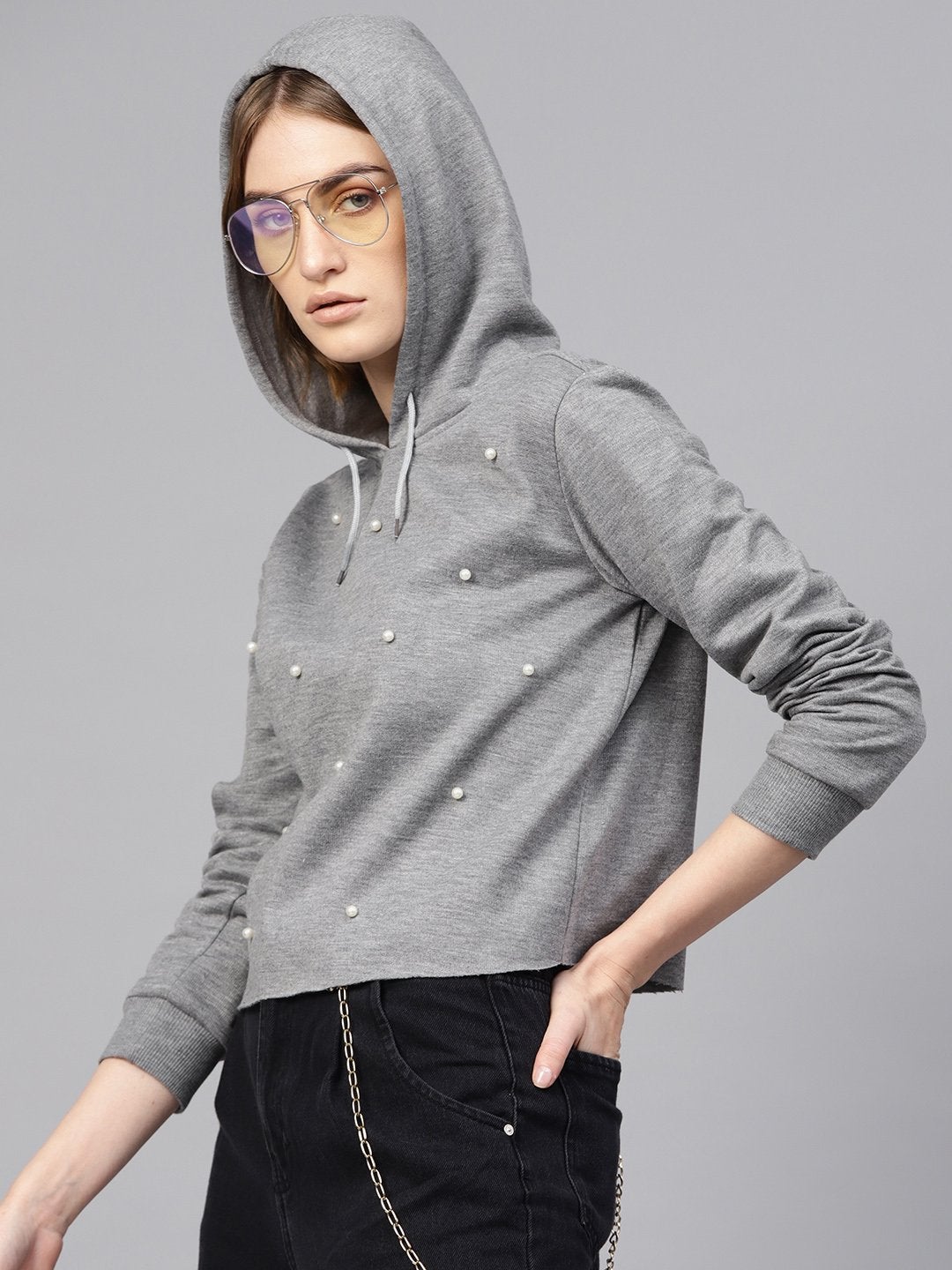 Women's Grey Pearl Crop Hoodie