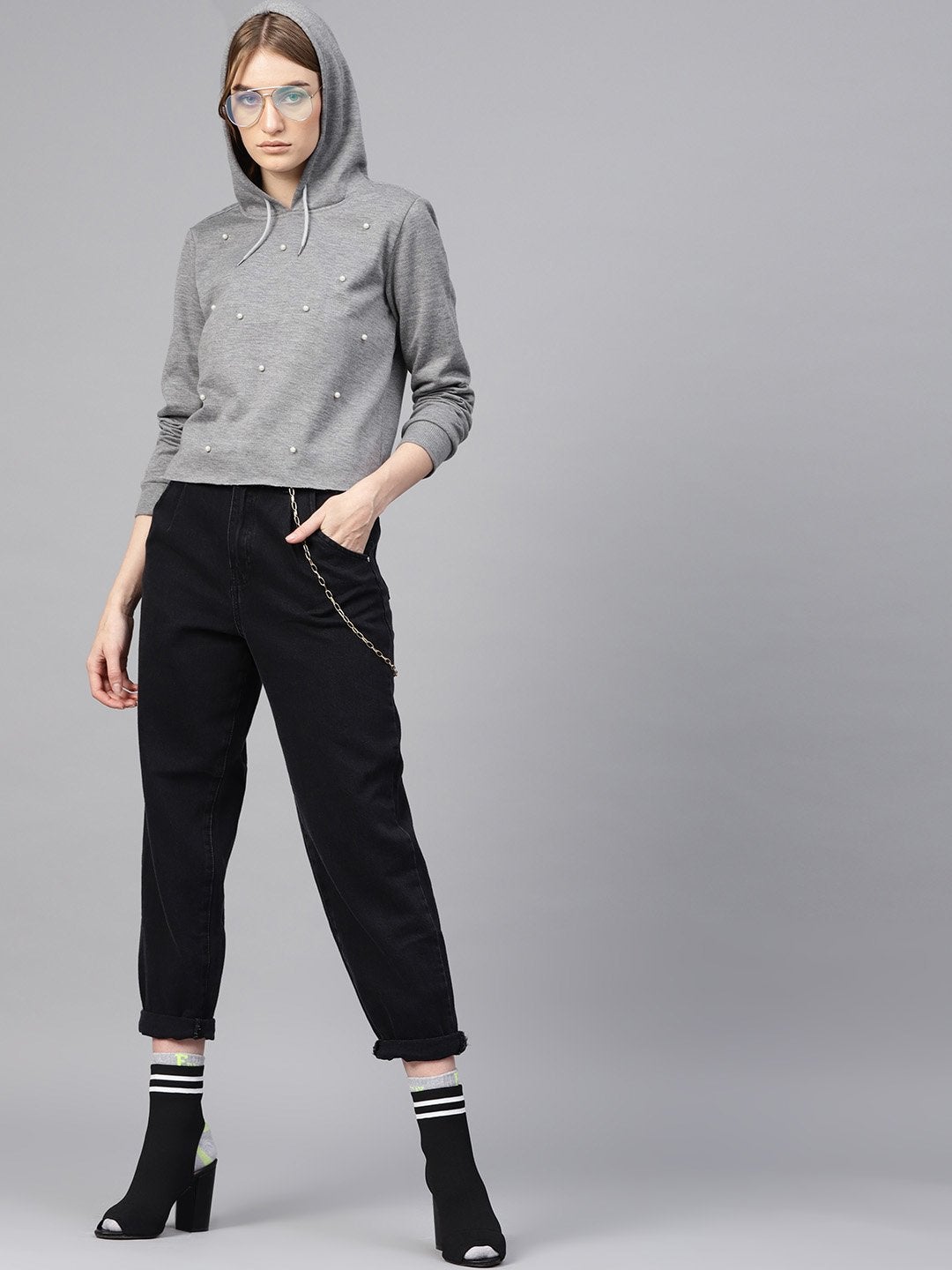 Women's Grey Pearl Crop Hoodie