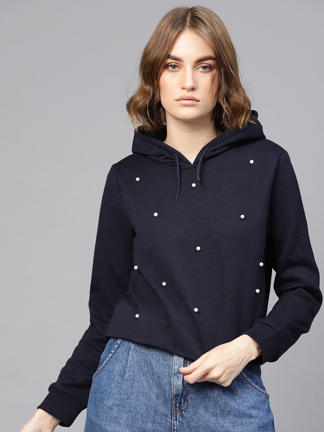 Women's Navy Pearl Crop Hoodie