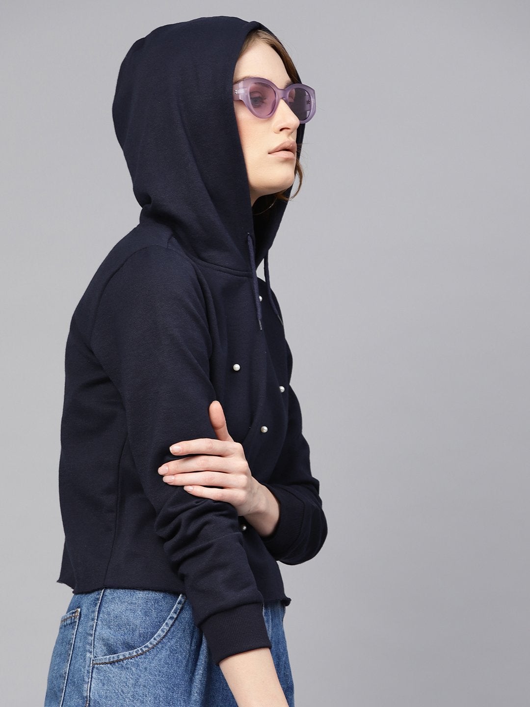 Women's Navy Pearl Crop Hoodie