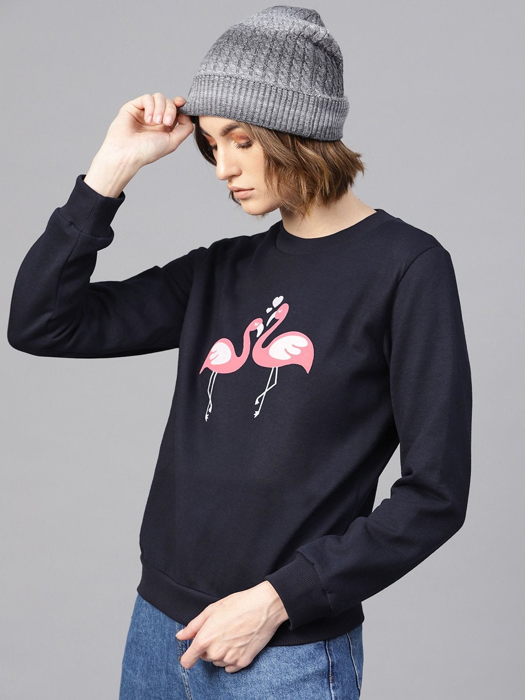 Women's Navy Flamingo Print Sweatshirt