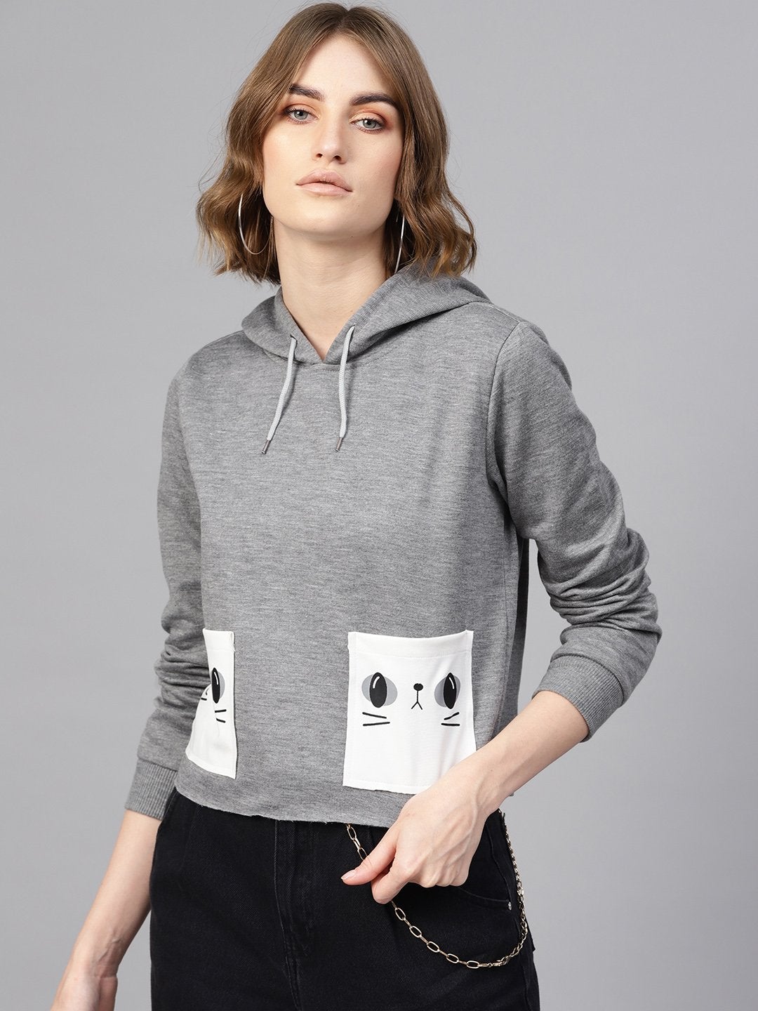 Women's Grey Printed Pocket Crop Hoodie