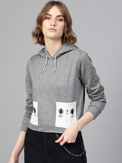 Women's Grey Printed Pocket Crop Hoodie