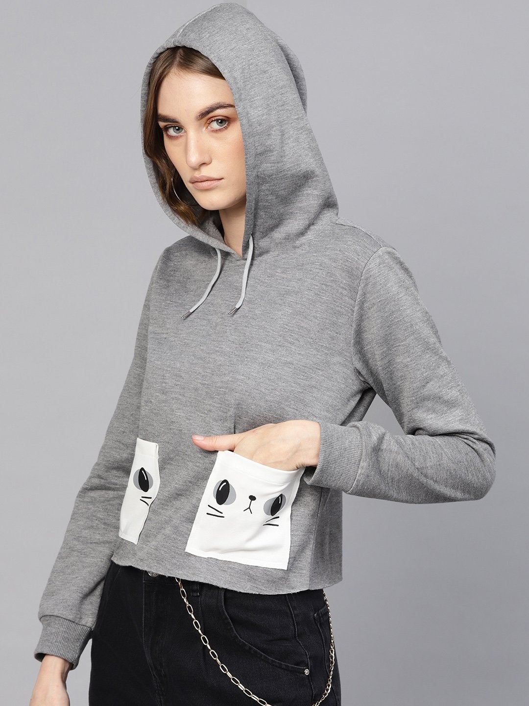 Women's Grey Printed Pocket Crop Hoodie