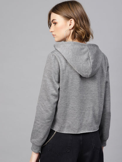 Women's Grey Printed Pocket Crop Hoodie
