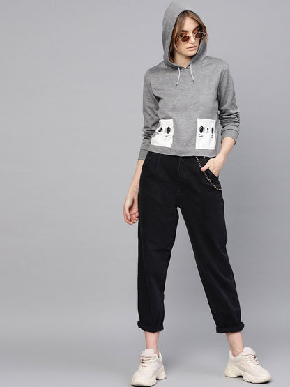Women's Grey Printed Pocket Crop Hoodie