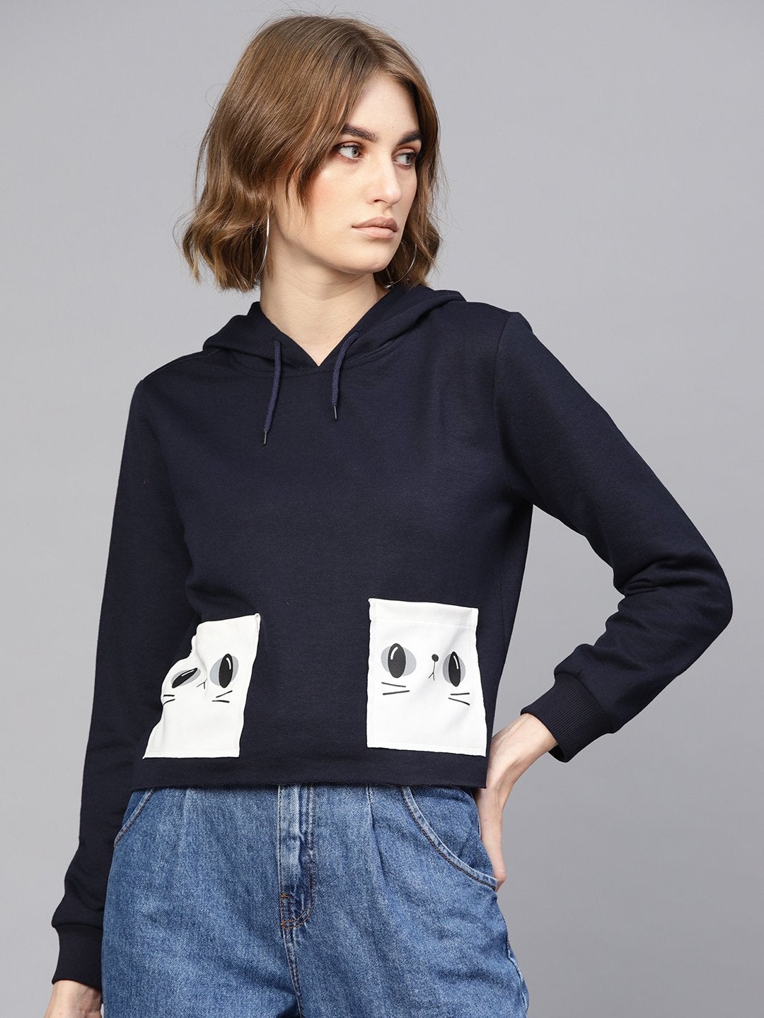 Women's Navy Printed Pocket Crop Hoodie