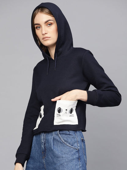 Women's Navy Printed Pocket Crop Hoodie