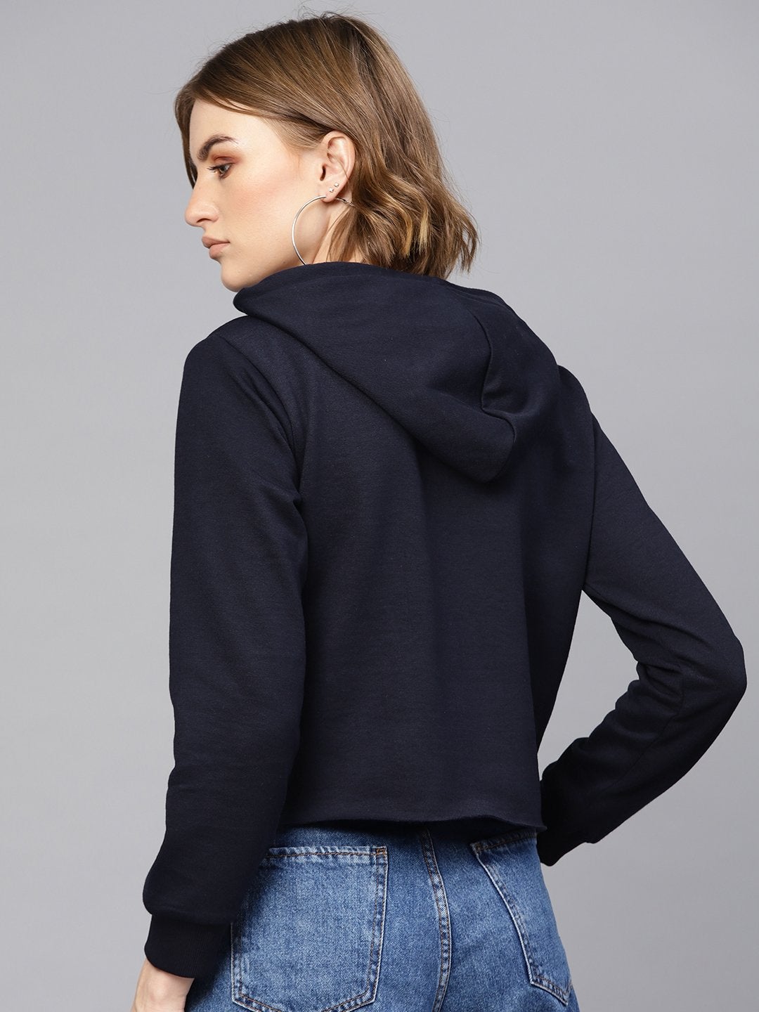 Women's Navy Printed Pocket Crop Hoodie