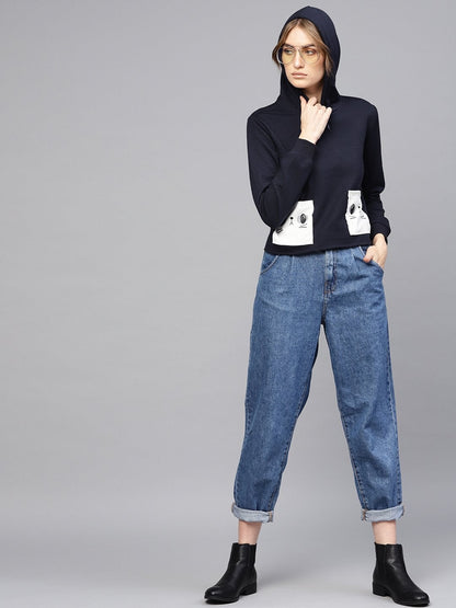 Women's Navy Printed Pocket Crop Hoodie
