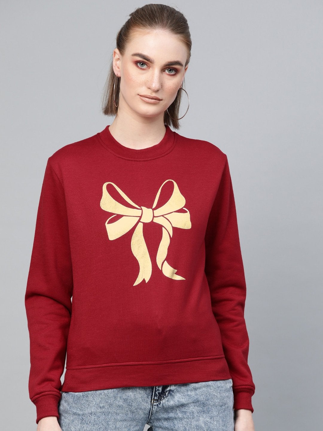 Women's Maroon Foil Bow Print Sweatshirt