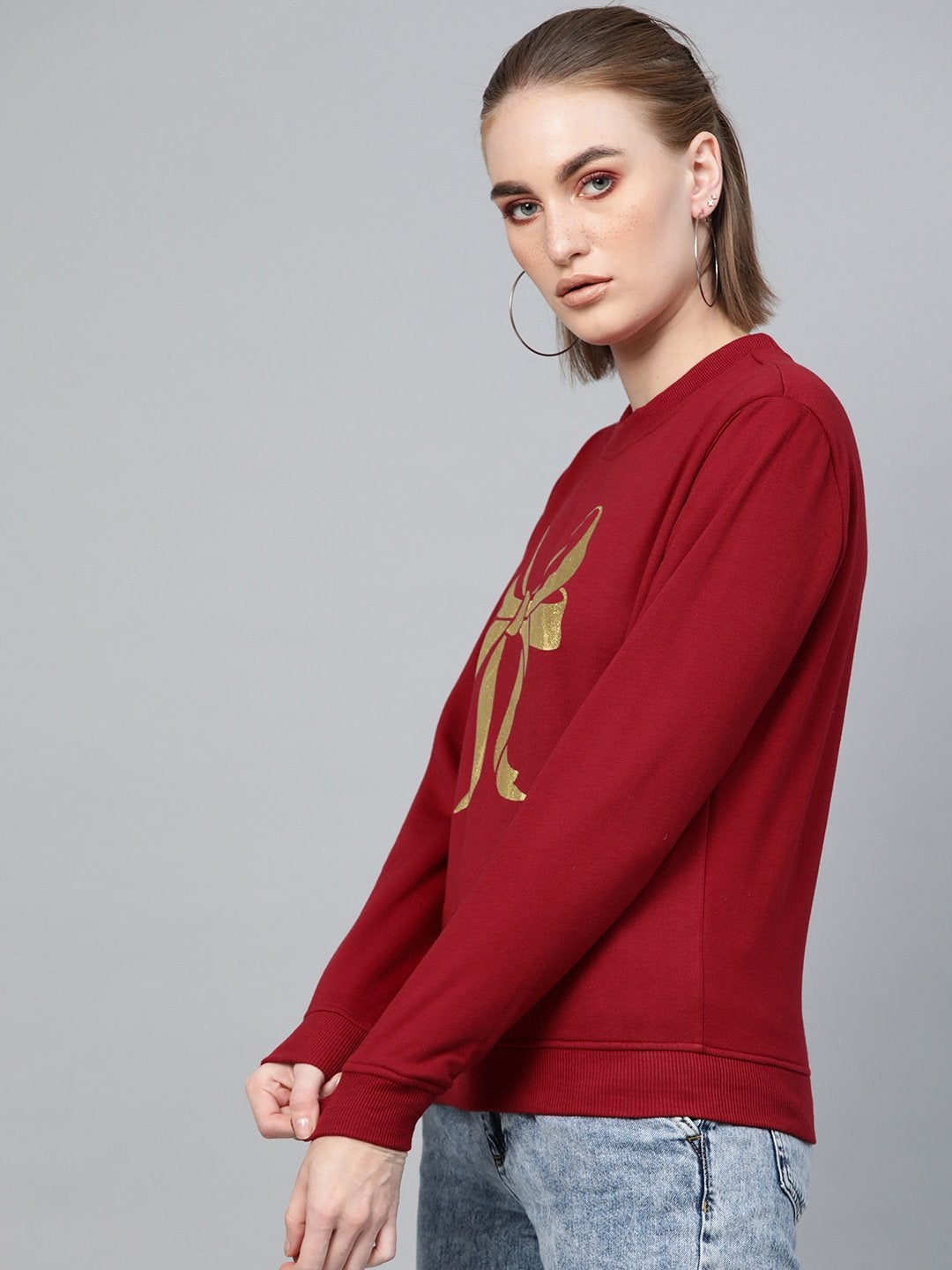 Women's Maroon Foil Bow Print Sweatshirt