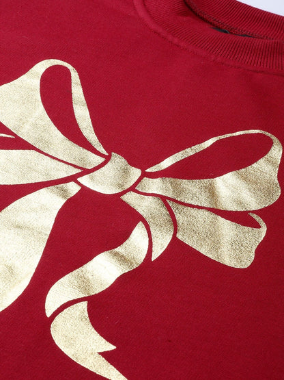 Women's Maroon Foil Bow Print Sweatshirt