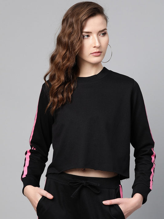 Women's Black Double Tape Boxy Crop Sweatshirt