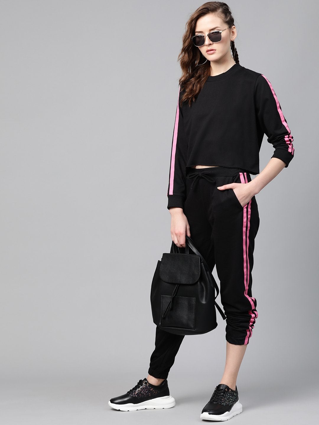 Women's Black Double Tape Boxy Crop Sweatshirt