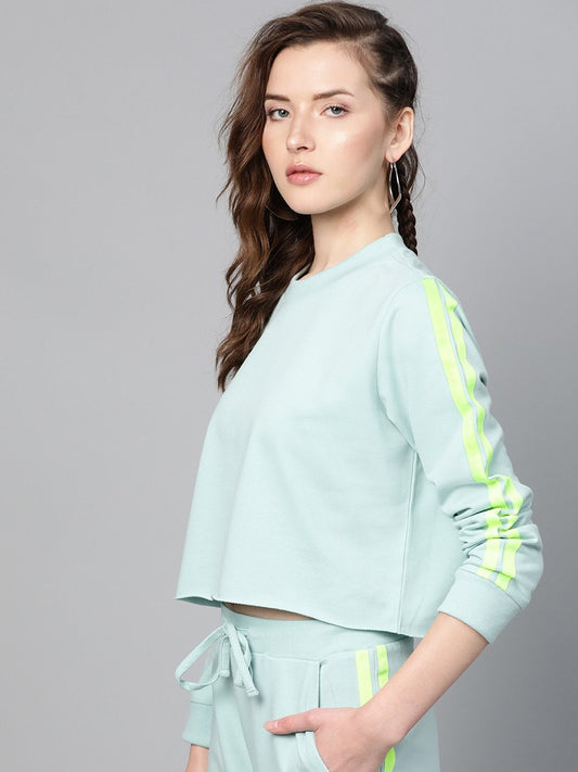 Women's Sea Green Double Tape Boxy Crop Sweatshirt