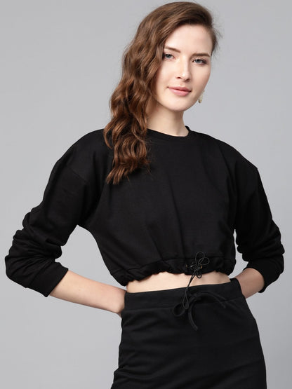 Women's Black Drawstring Crop Sweatshirt