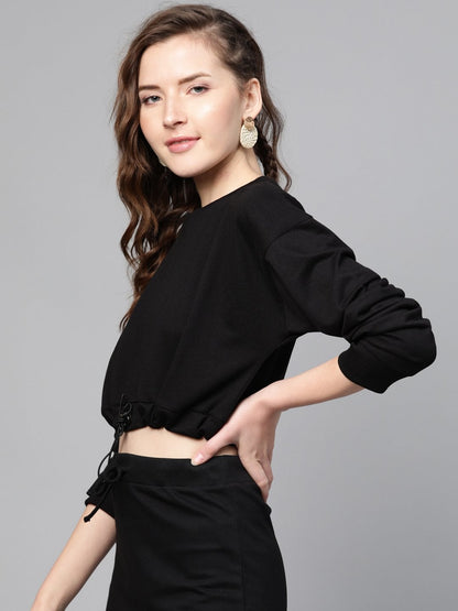 Women's Black Drawstring Crop Sweatshirt