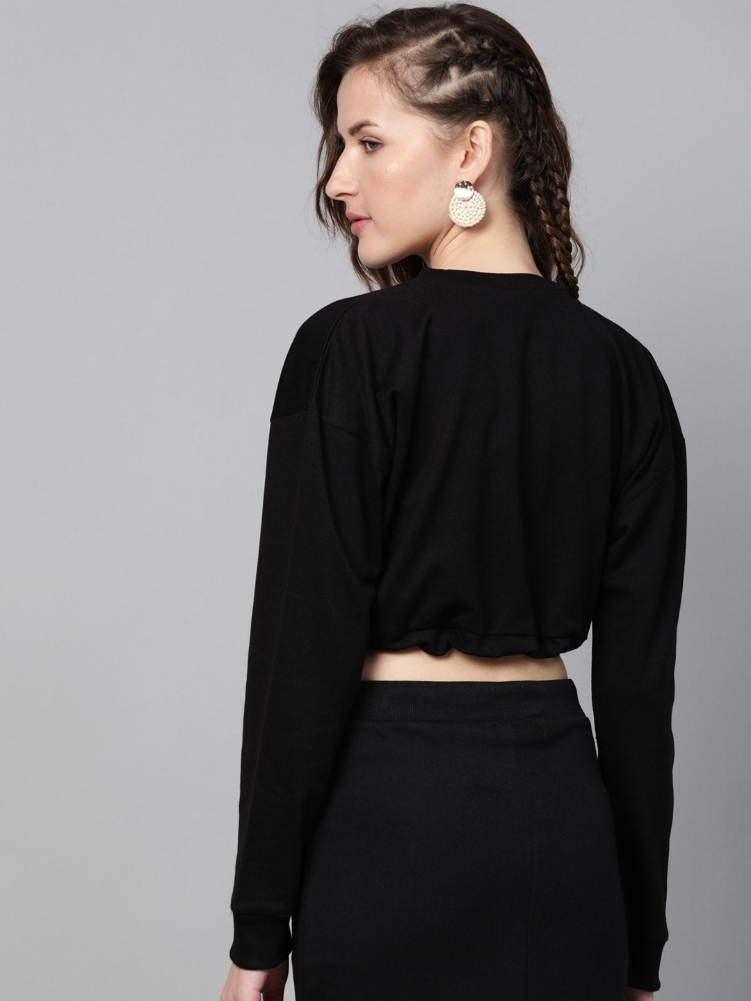 Women's Black Drawstring Crop Sweatshirt