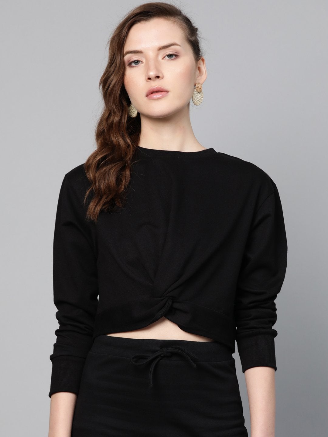 Women's Black Terry Twisted Crop Sweatshirt