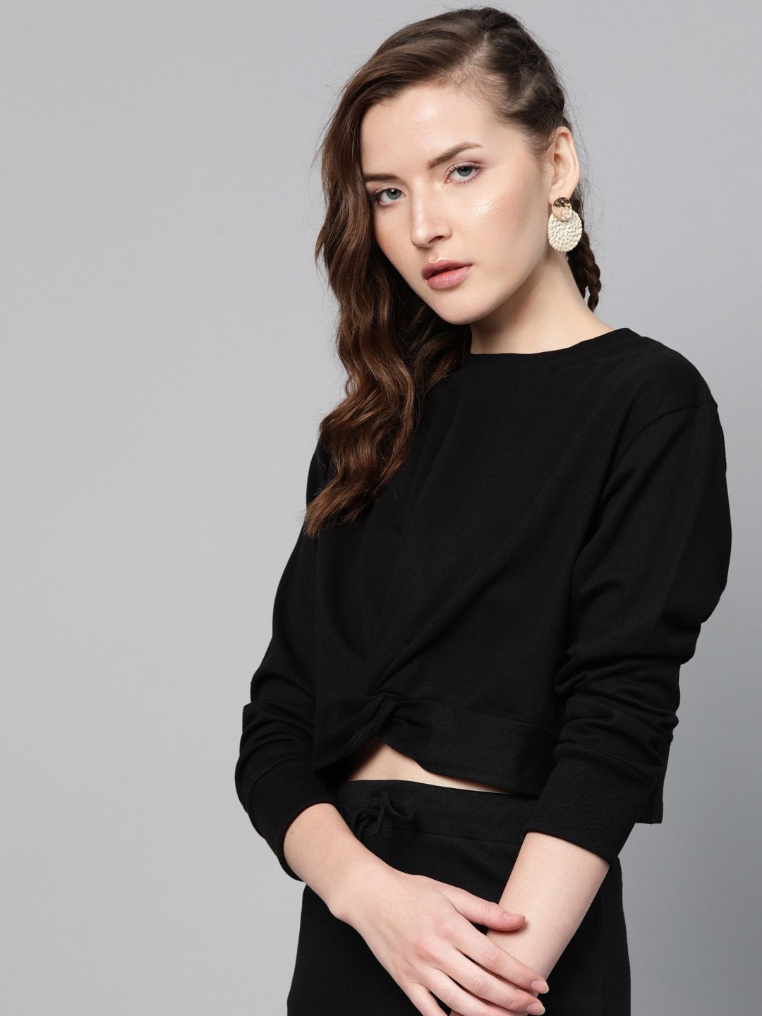 Women's Black Terry Twisted Crop Sweatshirt