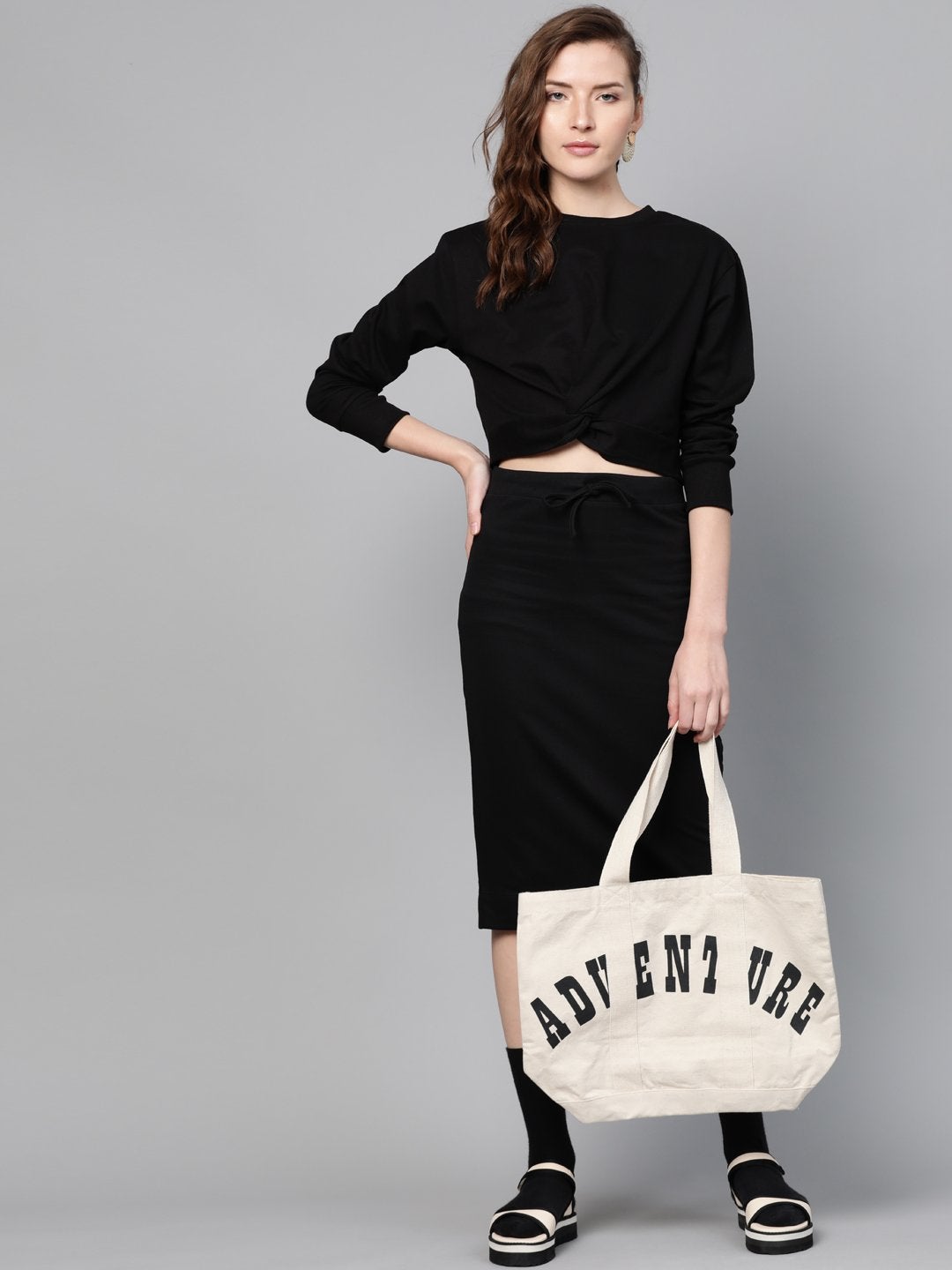 Women's Black Terry Twisted Crop Sweatshirt