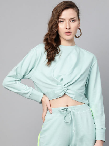 Women's Sea Green Terry Twisted Crop Sweatshirt