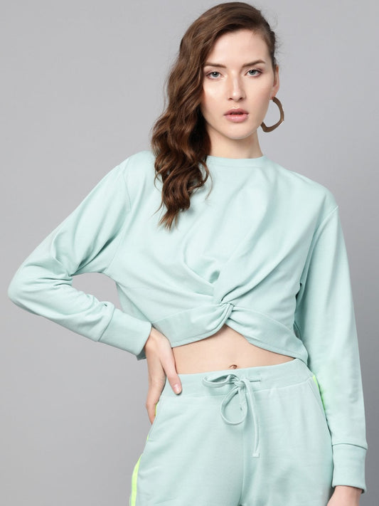 Women's Sea Green Terry Twisted Crop Sweatshirt