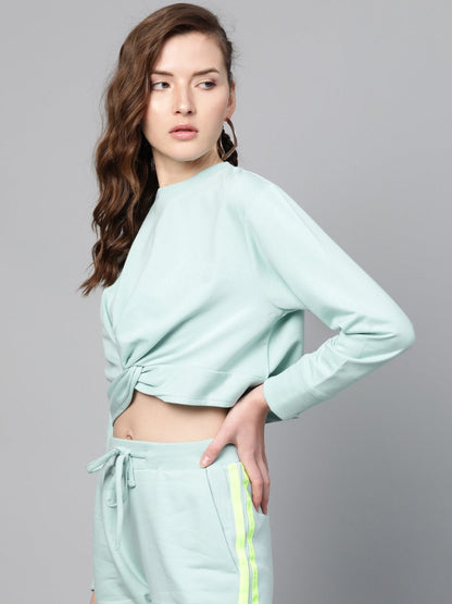 Women's Sea Green Terry Twisted Crop Sweatshirt