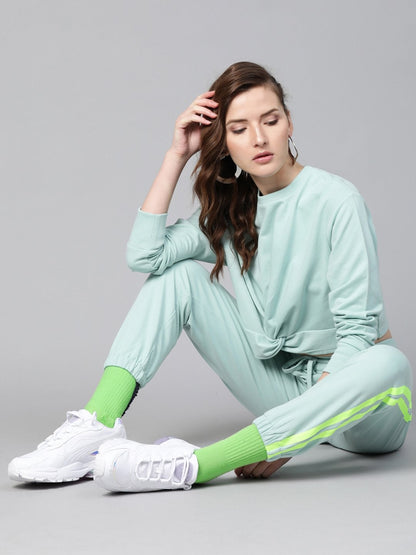 Women's Sea Green Terry Twisted Crop Sweatshirt