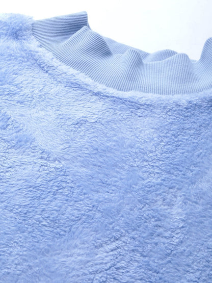 Women's Blue Balloon Sleeve Faux Fur Sweatshirt