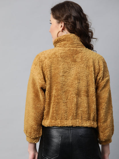 Women's Mustard Zip Front Faux Fur Crop Sweatshirt