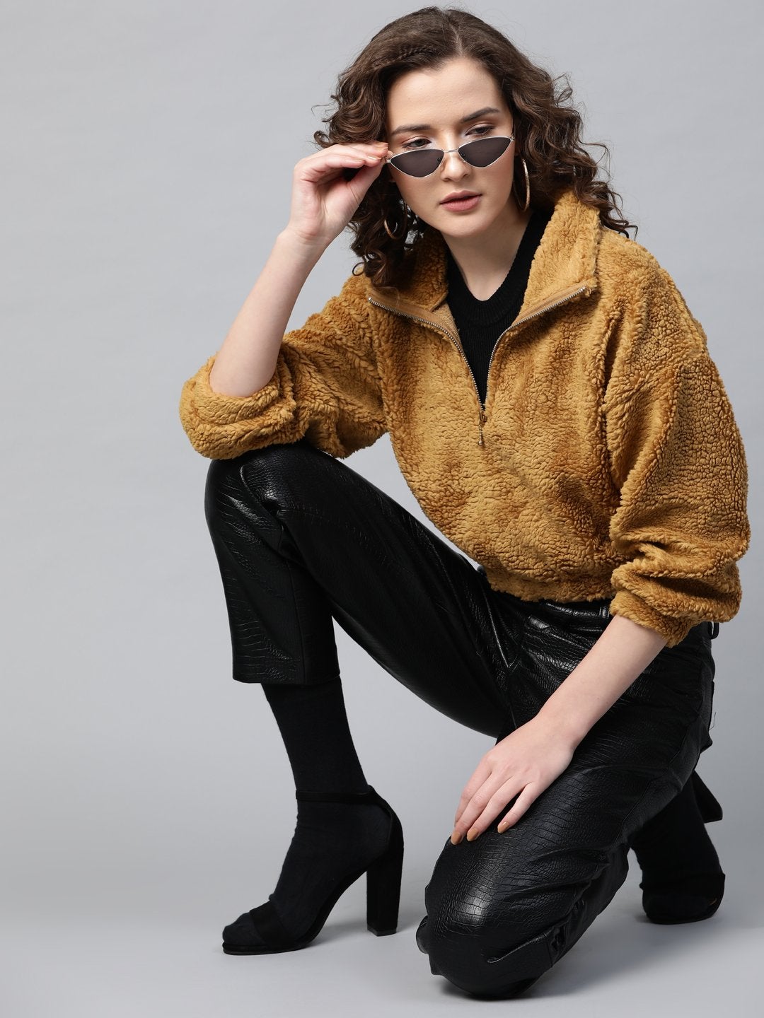 Women's Mustard Zip Front Faux Fur Crop Sweatshirt