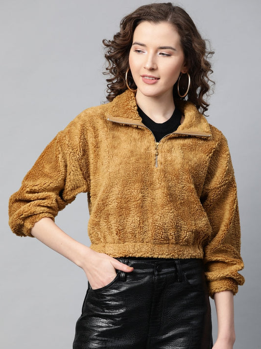 Women's Mustard Zip Front Faux Fur Crop Sweatshirt