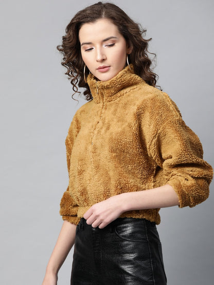 Women's Mustard Zip Front Faux Fur Crop Sweatshirt