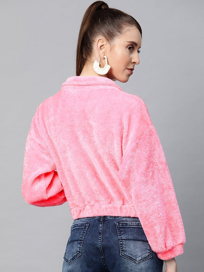 Women's Pink Kangaroo Pocket Faux Fur Crop Sweatshirt