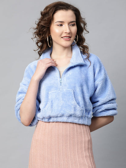 Women's Blue Kangaroo Pocket Faux Fur Crop Sweatshirt