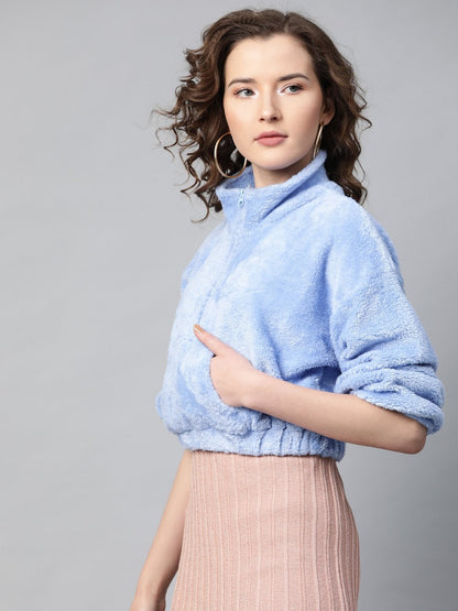 Women's Blue Kangaroo Pocket Faux Fur Crop Sweatshirt