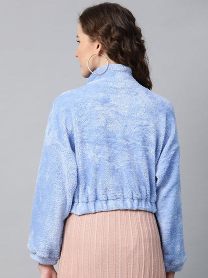 Women's Blue Kangaroo Pocket Faux Fur Crop Sweatshirt